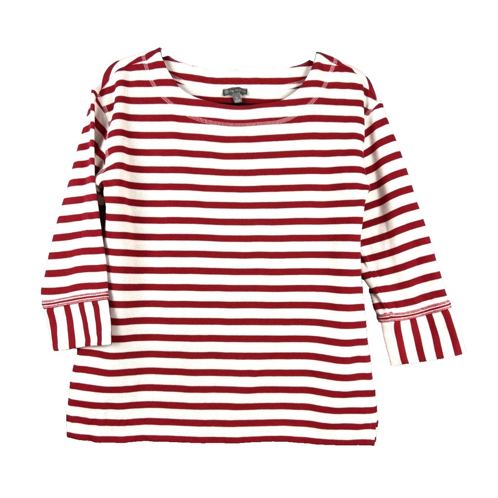 T by Talbots Petites PS Cotton Stripe Knit Top White‎ Red Bell Sleeve Boat Neck